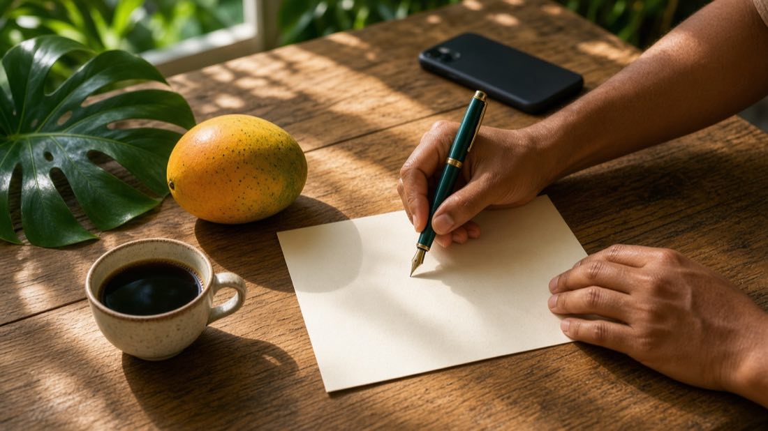 Manos firmando una hoja en una mesa de madera, con café, un mango y luz de ventana.