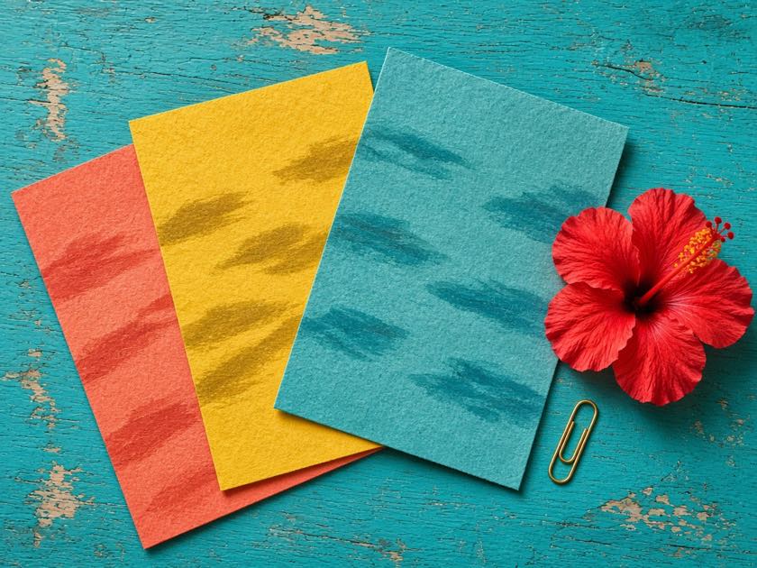 Tres hojas de color sobre una mesa turquesa, con una flor roja y un clip.
